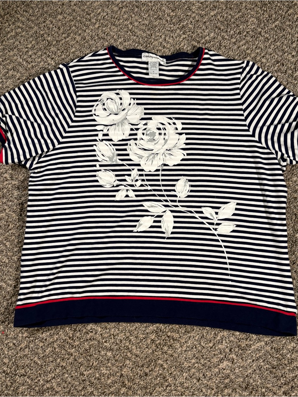 Cathy Daniels Navy & White Striped Short Sleeve Tee with Red Trim